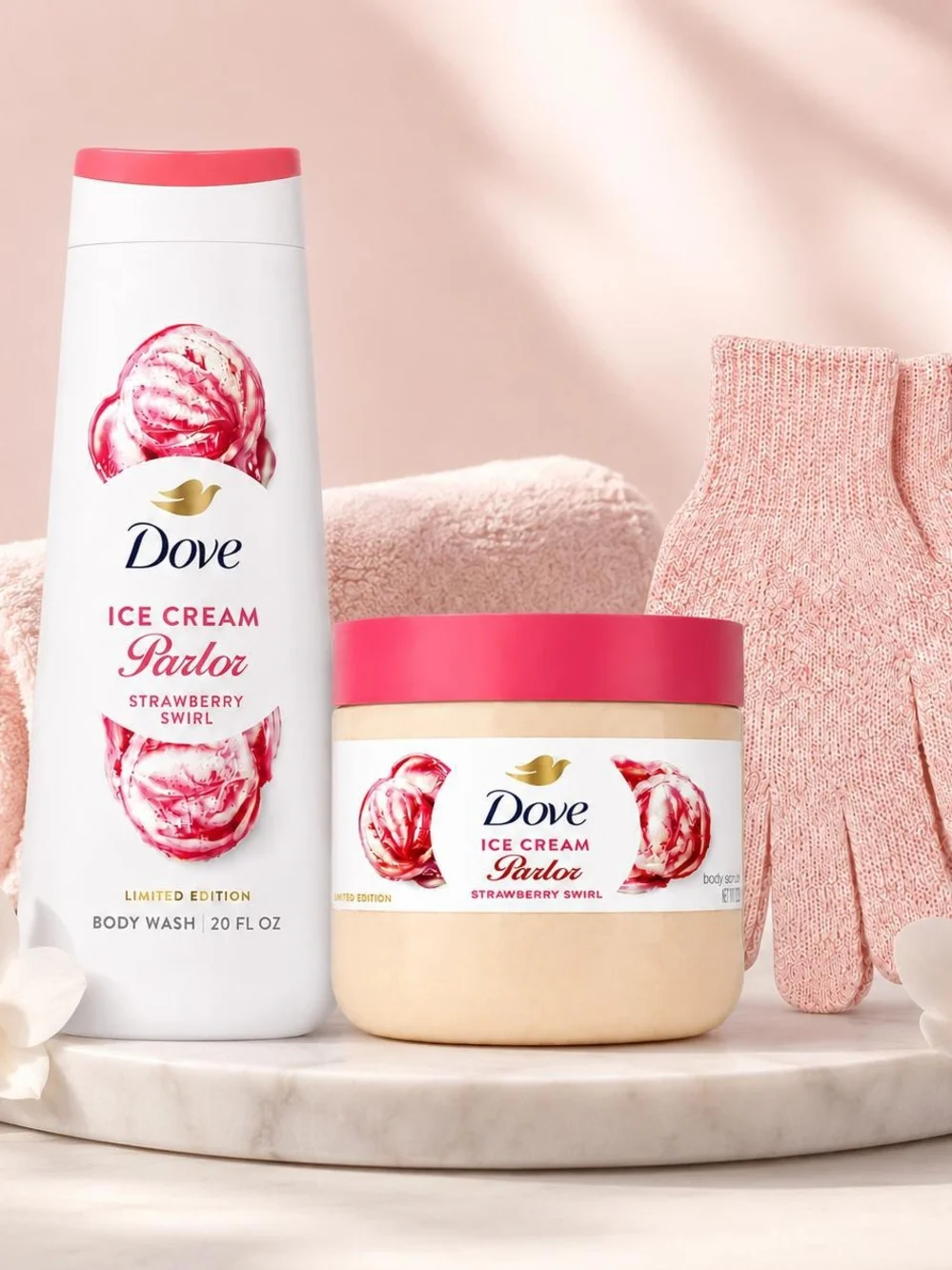 Dove Strawberry Swirl Body Wash & Scrub Set With Bath Gloves